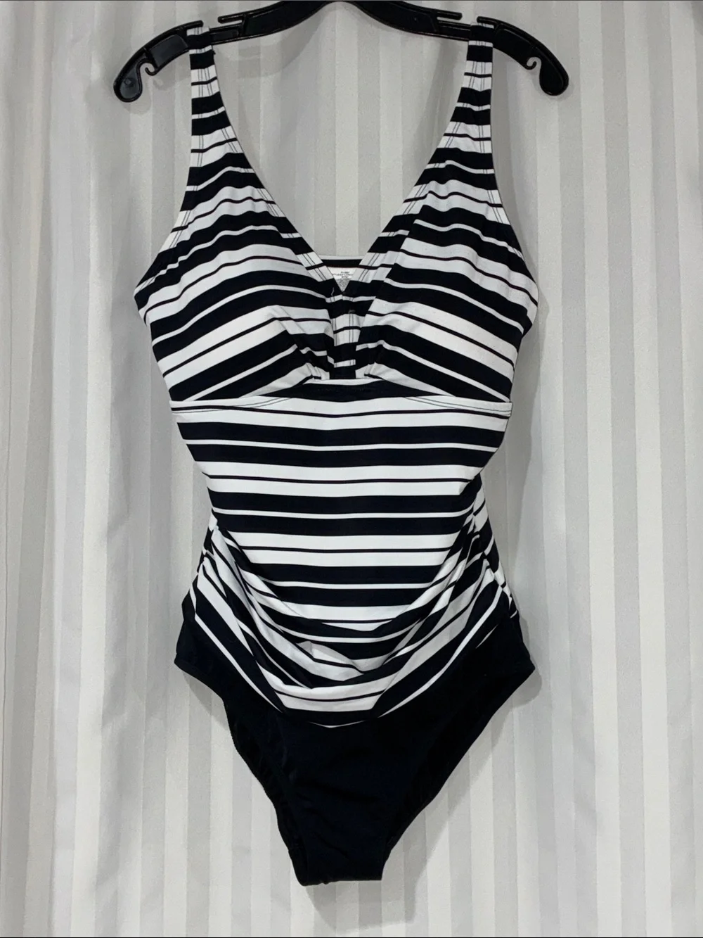 Swim Solutions Black and White Striped One-Piece Swimsuit - Picture 1 of 11
